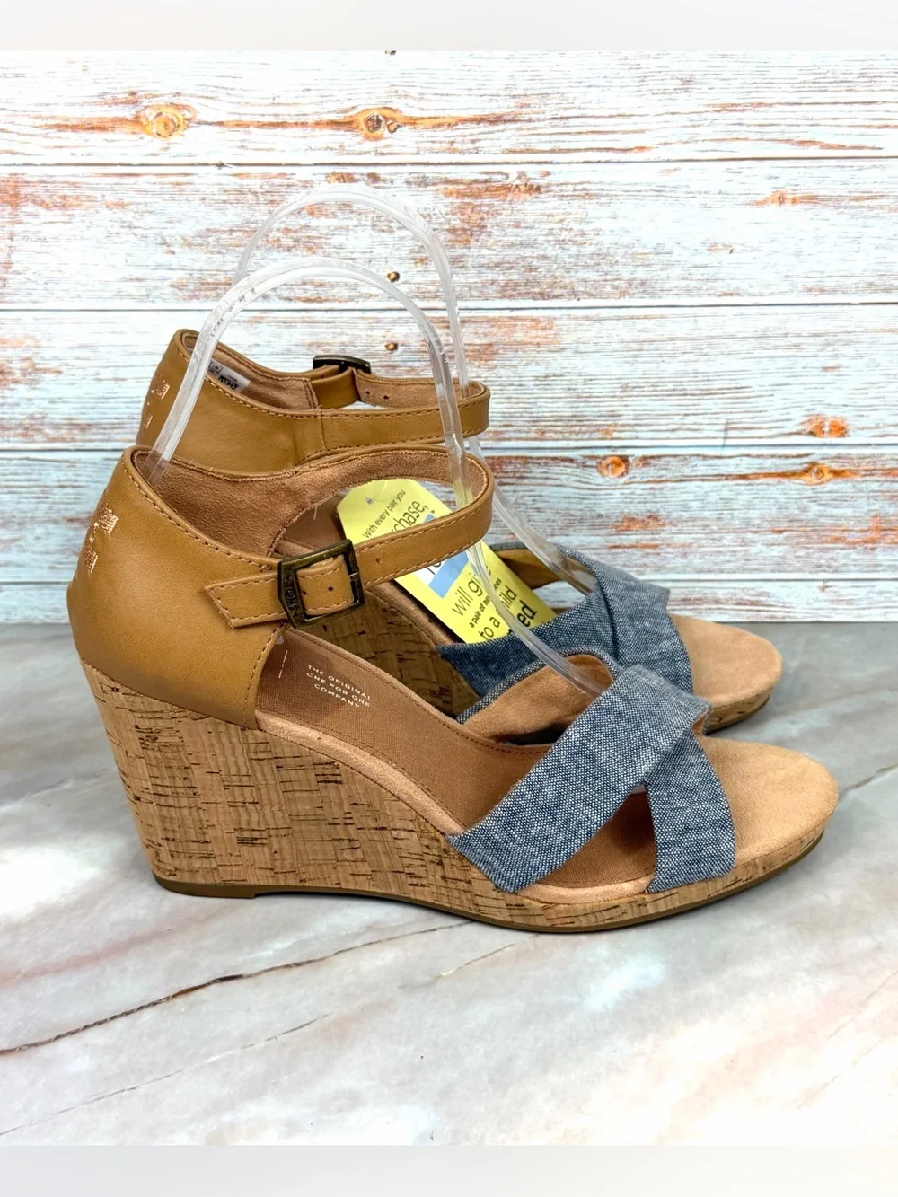 NEW TOMS Sienna Wedge Sandals Chambray Blue and Tan Cork Wedge Platform